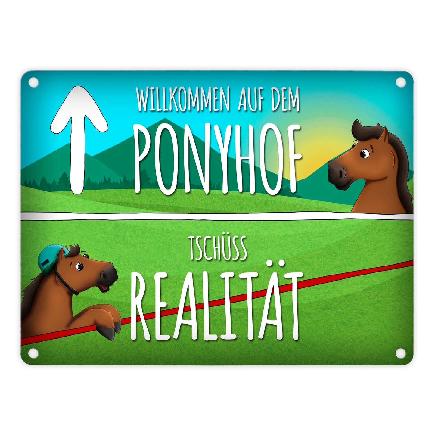 Metallschild mit Pferde Motiv und Spruch: Willkommen auf dem Ponyhof