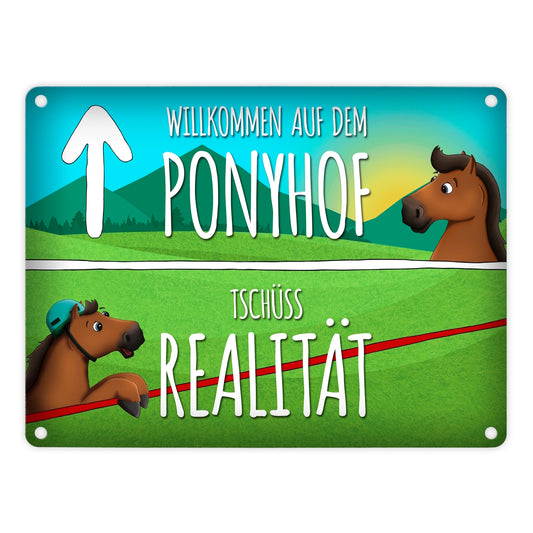 Metallschild mit Pferde Motiv und Spruch: Willkommen auf dem Ponyhof