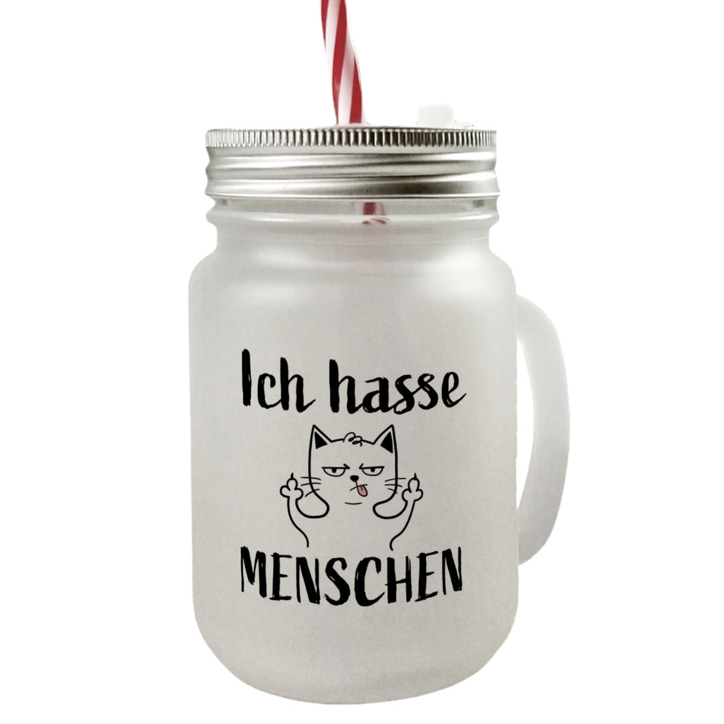 Mittelfinger Katze Mason Jar Henkel Trinkglas mit Deckel mit Spruch Ich hasse Menschen