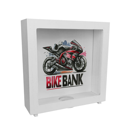 Rennmotorrad Rahmen Spardose aus Holz mit Spruch Bike Bank