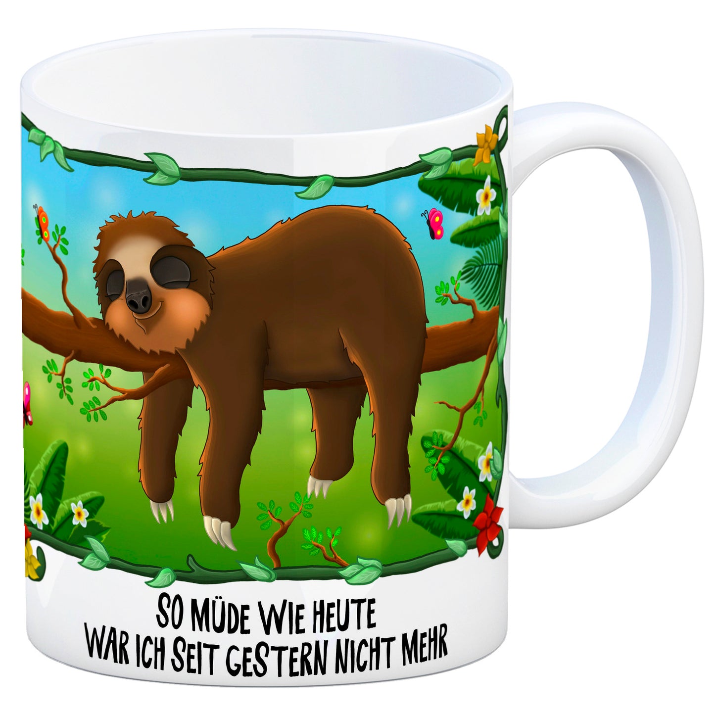 Kaffeebecher mit Faultier auf Baum Dschungelmotiv und Spruch: So müde wie heute war ich seit ...