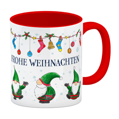 Frohe Weihnachten Kaffeebecher Henkel und Innenseite Rot mit Wichtel Motiv