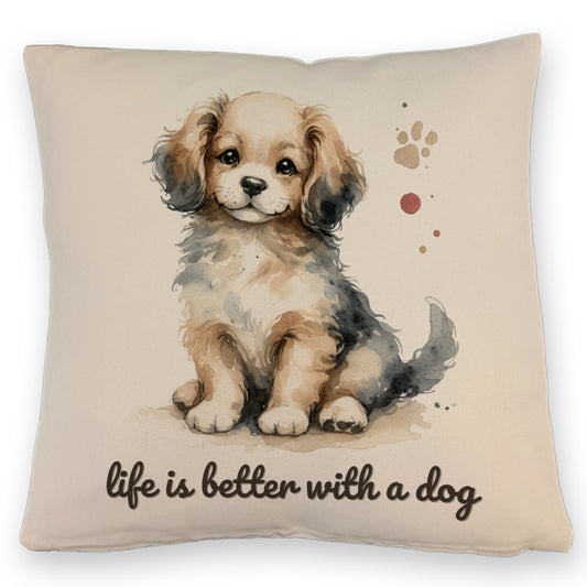 niedlicher Hund Kissen mit Leinenoptik mit Spruch life is better with a dog