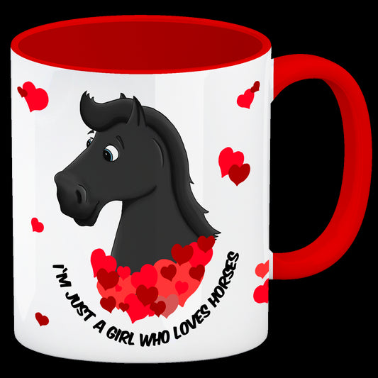 I'm just a girl who loves horses Kaffeebecher Henkel und Innenseite Rot mit schwarzes Pferd Motiv