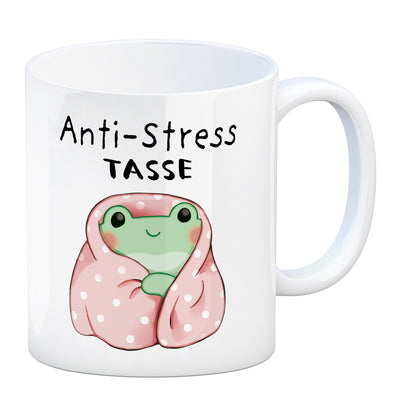 Frosch in rosa Decke mit Spruch Anti-Stress Tasse