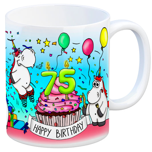 Honeycorns Tasse zum 75. Geburtstag mit Muffin und Einhorn Party