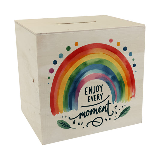 Regenbogen Spardose aus Holz mit Spruch Enjoy every moment