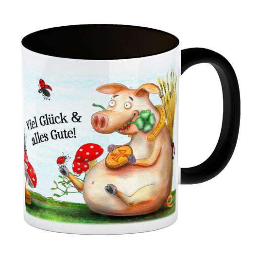 Viel Glück und alles Gute! Kaffeebecher Henkel und Innenseite Schwarz mit Glücksschwein Motiv