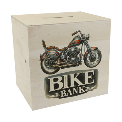 Retro Chopper Motorrad Spardose aus Holz mit Spruch Bike Bank