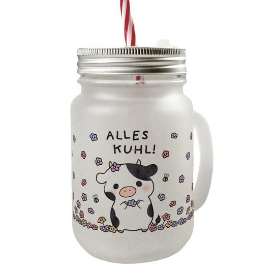 Kuh Mason Jar Henkel Trinkglas mit Deckel mit Spruch Alles Kuhl