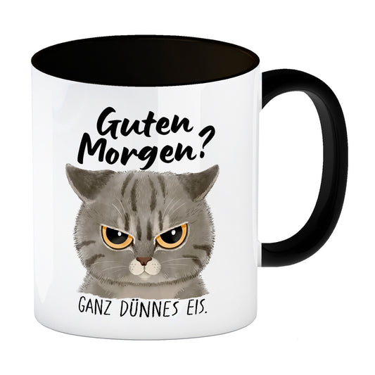 Morgenmuffel Katze Kaffeebecher in schwarz mit Spruch Guten Morgen - Ganz dünnes Eis