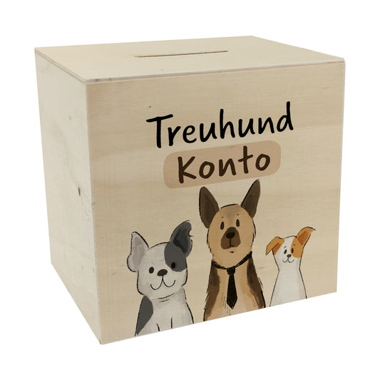 Hunde Spardose aus Holz mit Spruch Treuhundkonto