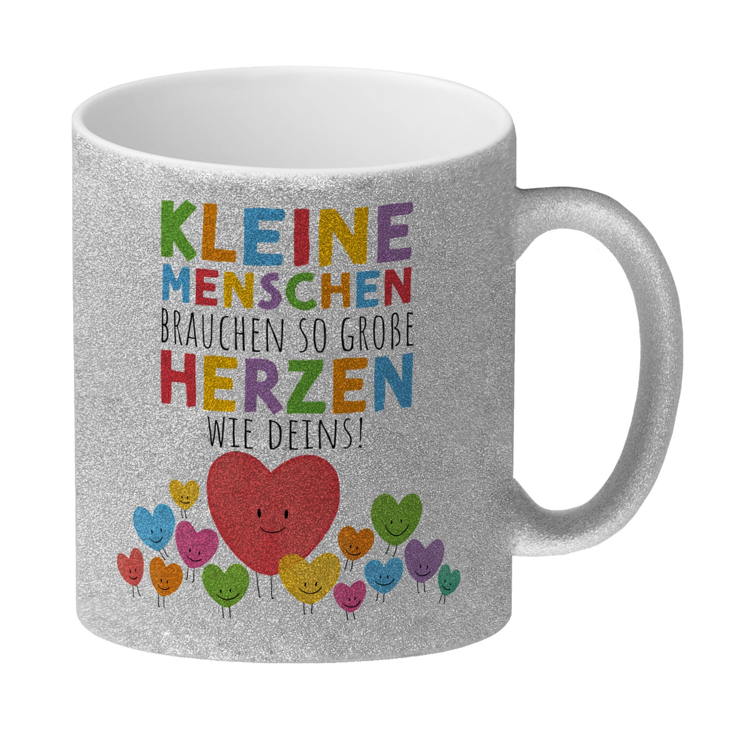 Herzen Glitzer-Kaffeebecher mit Spruch Große Herzen für kleine Menschen