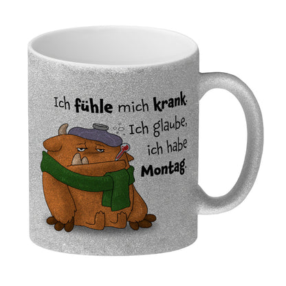 Freches Monster in orange Glitzer-Kaffeebecher mit lustigem Spruch