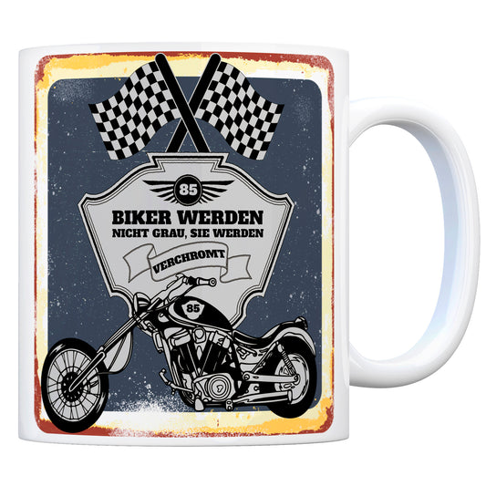 Motorradfahrer und Biker Kaffeebecher bzw. Tasse zum 85. Geburtstag als Geschenk