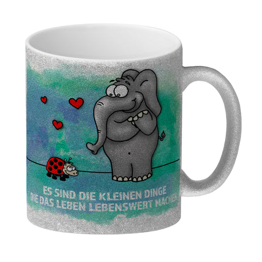 Es sind die kleine Dinge die das Leben lebenswert machen Glitzer-Glitzer-Kaffeebecher mit Elefant und Marienkäfer Motiv