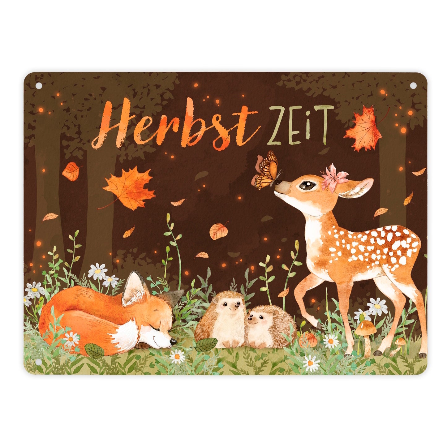 Tiere des Waldes Metallschild XL in 21x28 cm mit Spruch Herbstzeit