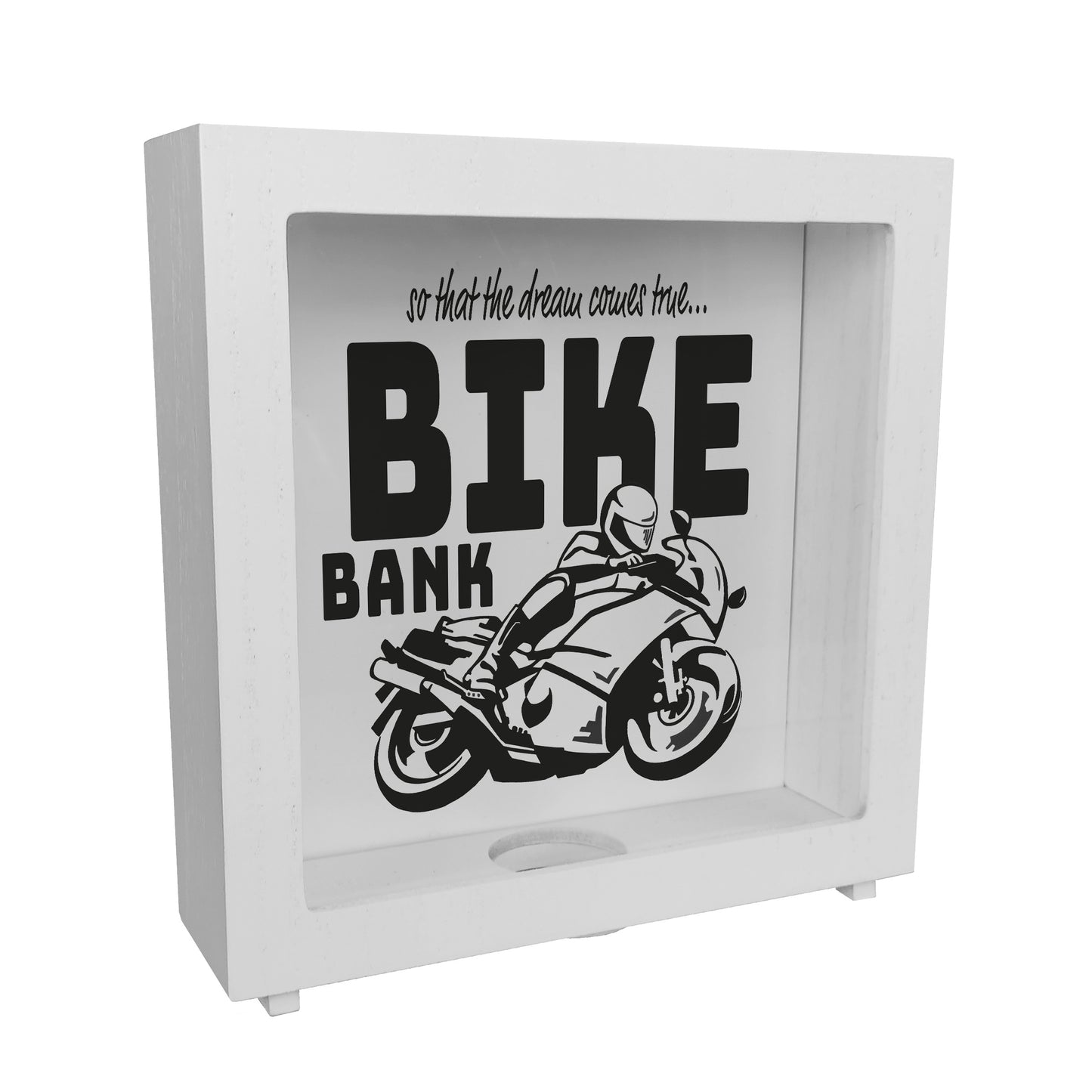 Bike Bank Rahmen Spardose aus Holz in schwarz zum Thema Motorradkauf und Motorrad fahren