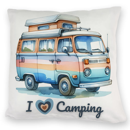 Campervan Kuschelkissen mit Spruch I love Camping