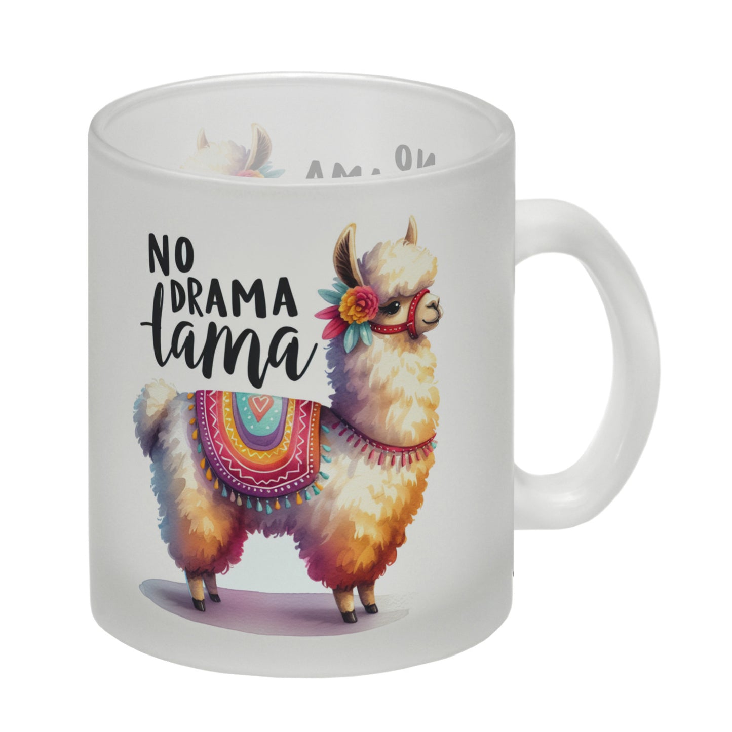 Alpaka mit bunter Satteldecke Glas Tasse mit Spruch No Drama Lama