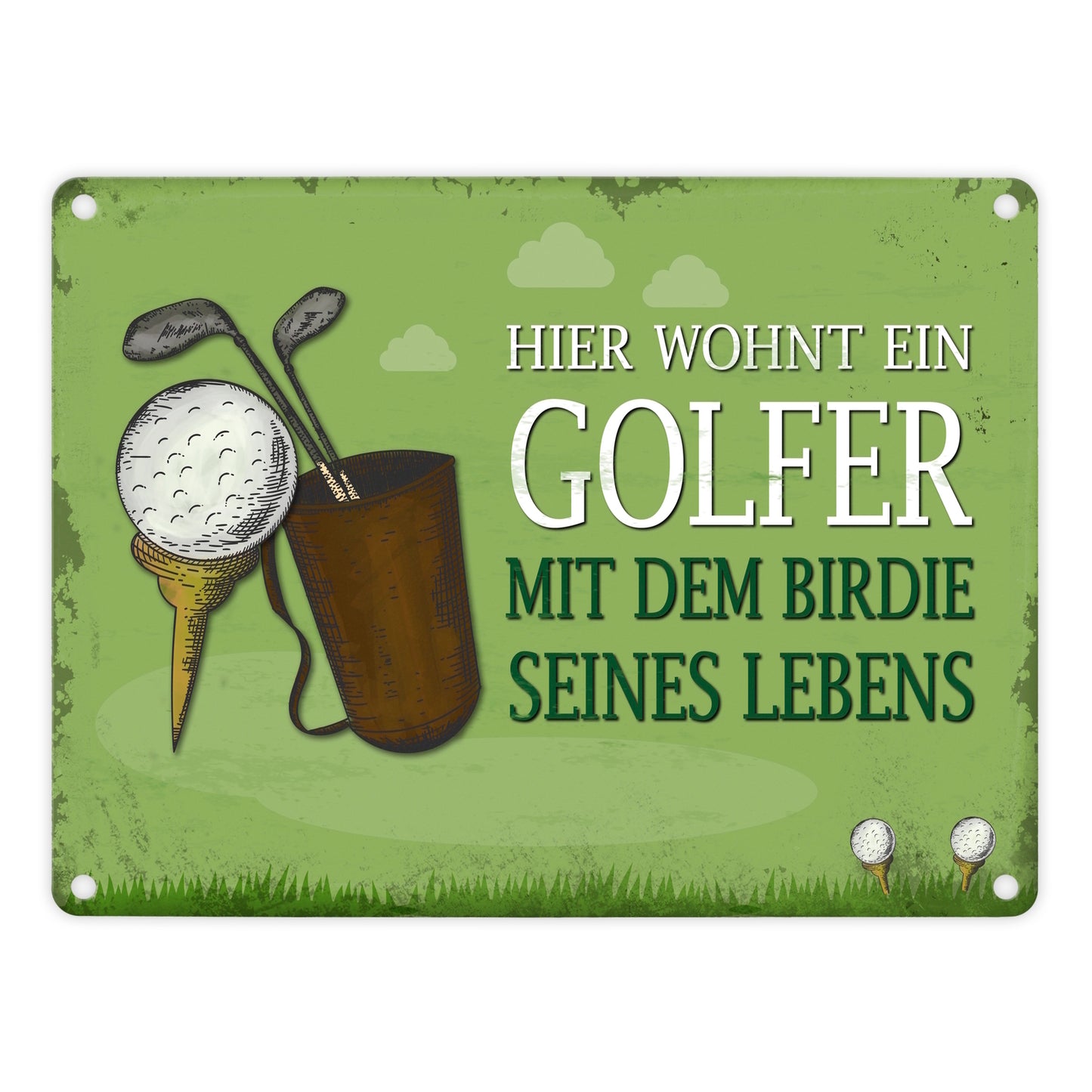 Metallschild mit Spruch: Hier wohnt ein Golfer - mit dem Birdie…