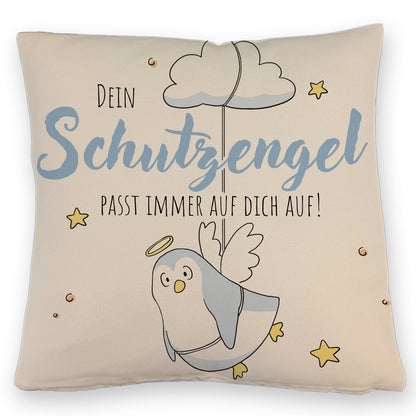 Schutzengel-Pinguin Kissen mit Leinenoptik in blau mit Spruch passe immer auf dich auf