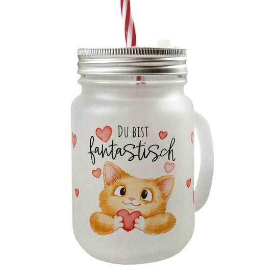 Orange Katze Mason Jar Henkel Trinkglas mit Deckel mit Spruch Du bist fantastisch