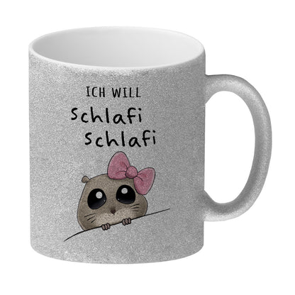 Meme Hamster Glitzer-Kaffeebecher mit Spruch Ich will Schlafi Schlafi