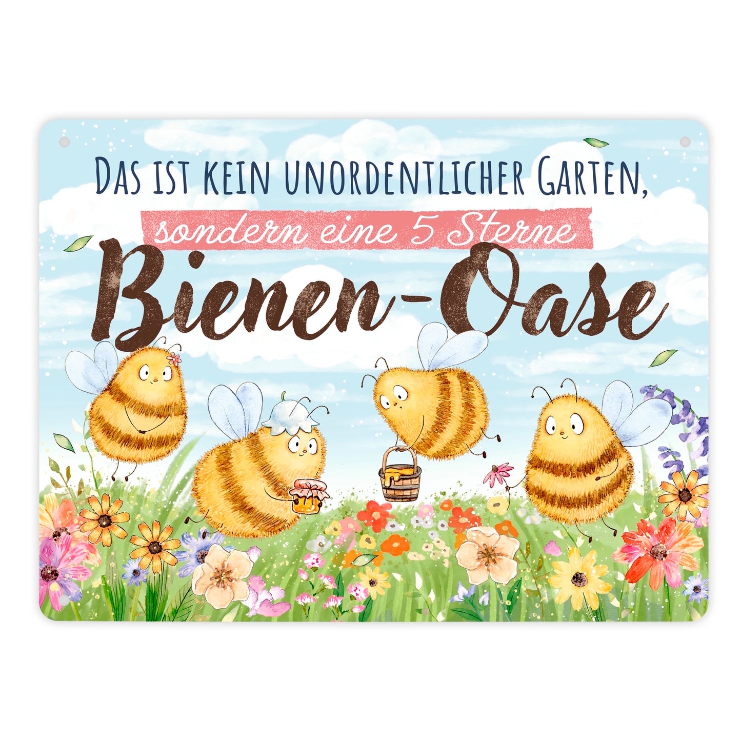 Pummel Biene Metallschild XL in 21x28 cm mit Spruch Bienen-Oase statt unordentlicher Garten