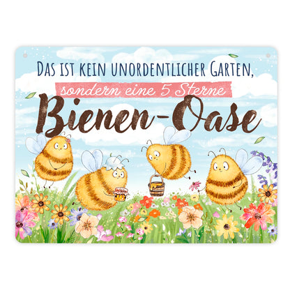 Pummel Biene Metallschild XL in 21x28 cm mit Spruch Bienen-Oase statt unordentlicher Garten