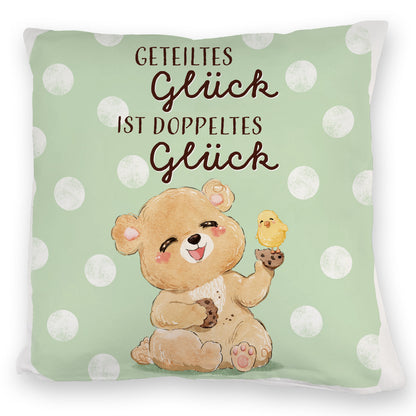 Bär Kuschelkissen mit Spruch Geteiltes Glück ist doppeltes Glück