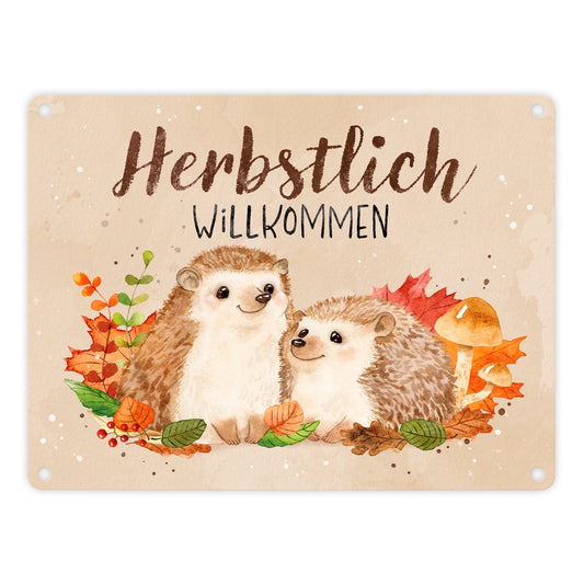 Igel Paar Metallschild in 15x20 cm mit Spruch Herbstlich Willkommen