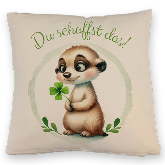 Erdmännchen mit Kleeblatt Kissen mit Leinenoptik mit Spruch Du schaffst das