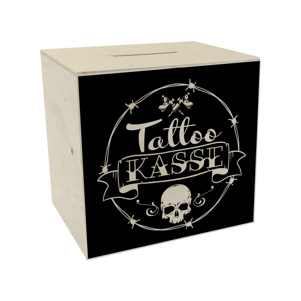 Spardose aus Holz mit coolen Tattoo-Motiven in schwarz - Tattookasse