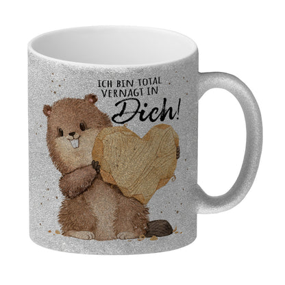 Biber Glitzer-Kaffeebecher mit Spruch Ich bin total vernagt in dich