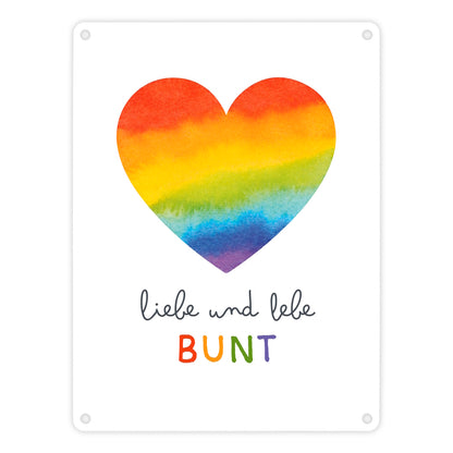 Regenbogenherz Metallschild in 15x20 cm mit Spruch Liebe und lebe bunt