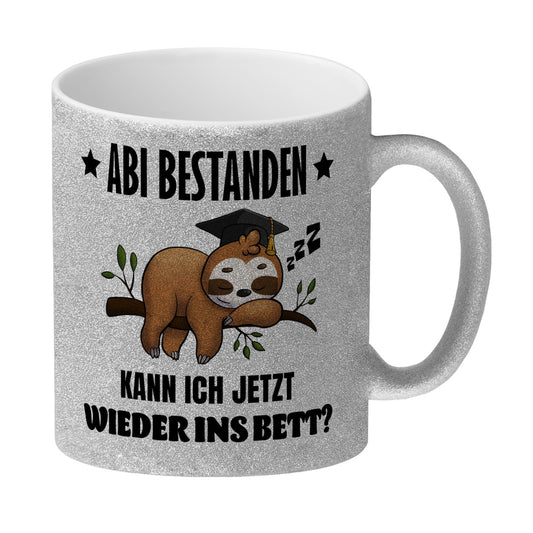 Faultier Abitur Glitzer-Kaffeebecher mit Spruch Abi geschafft zurück ins Bett