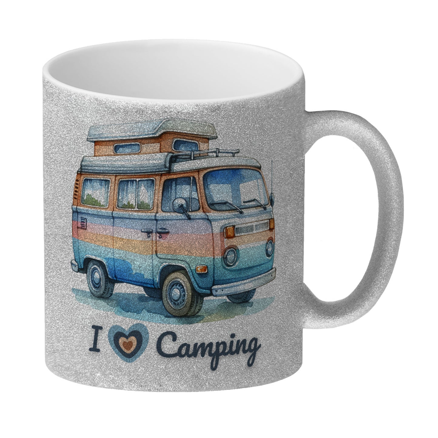 Campervan Glitzer-Kaffeebecher mit Spruch I love Camping