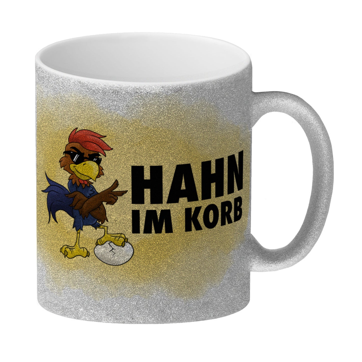 Hahn im Korb Glitzer-Kaffeebecher Das einzigartige Cartoon-Motiv eines Hahns macht diesen Kaffeebecher zu einem echt ausgefallenem Geschenk für Kollegen, Familie und Freunde die vielleicht alleine als Hahn im Korb sitzen. mit Cartoon-Hahn, Aufschrift Moti