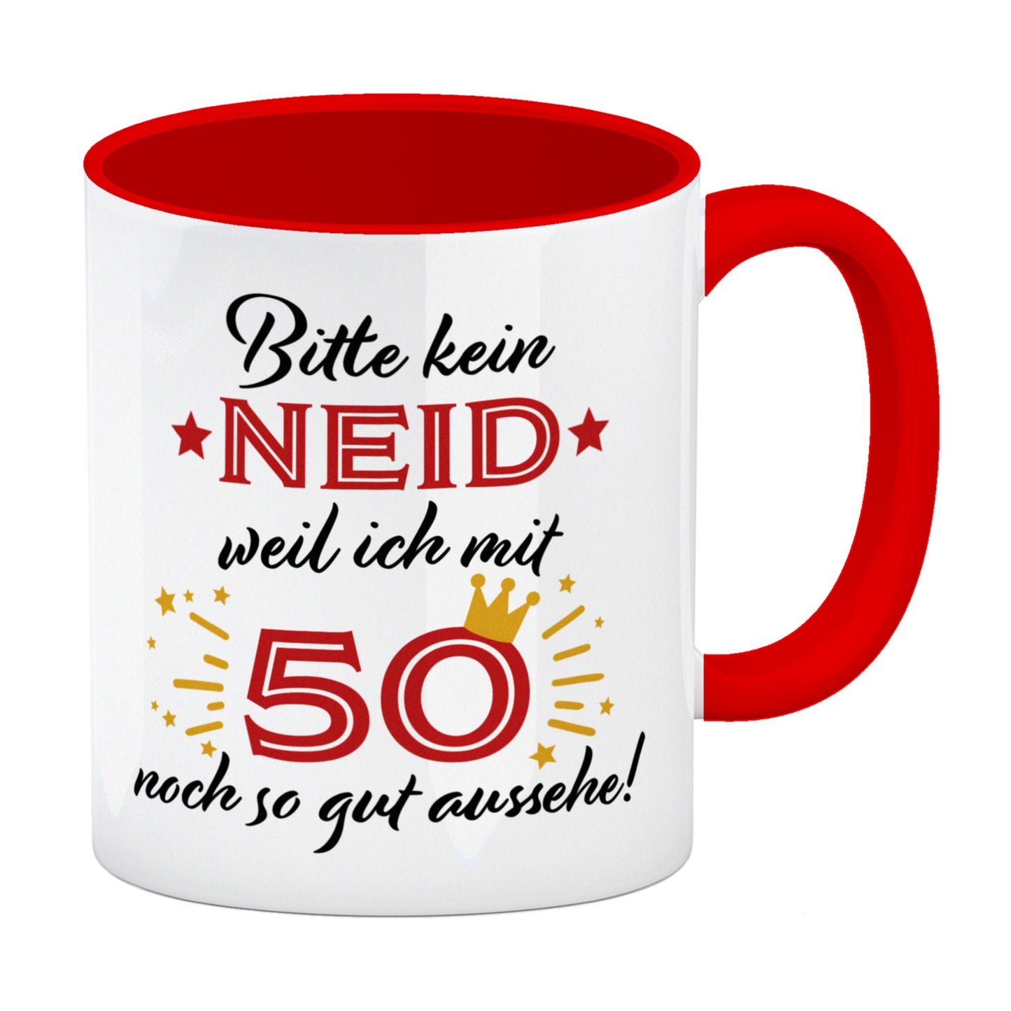 50. Geburtstag Kaffeebecher Rot mit lustigem Spruch: Neid