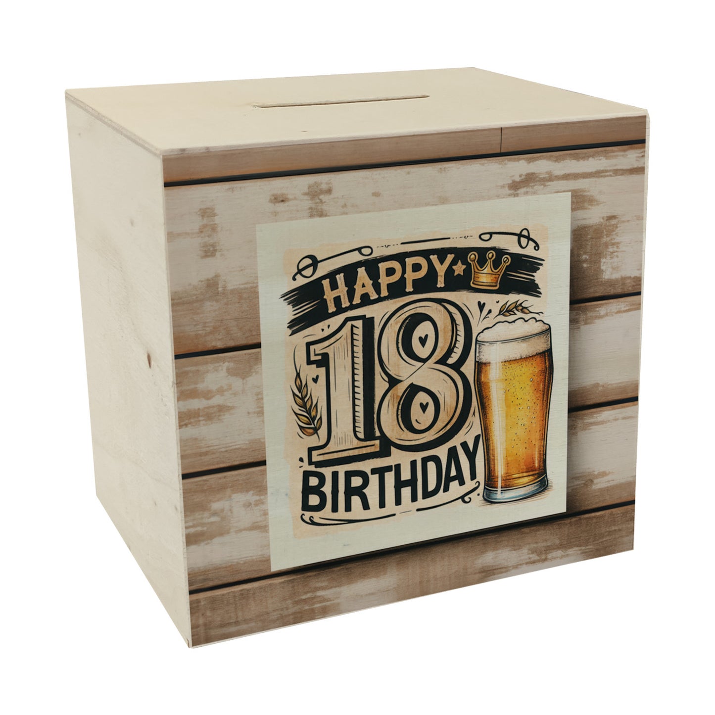 18. Geburtstag Bier Spardose aus Holz mit Spruch Happy Birthday 18