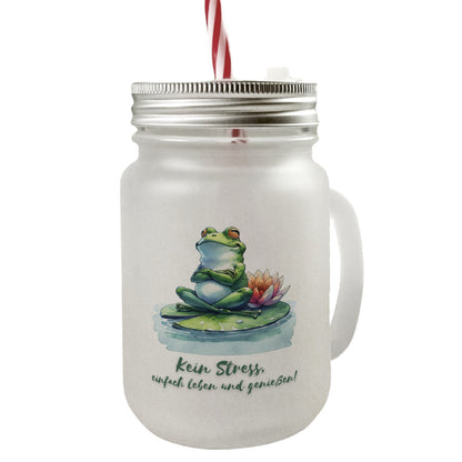 Frosch auf Seerose Mason Jar Henkel Trinkglas mit Deckel mit Spruch Kein Stress einfach leben und genießen