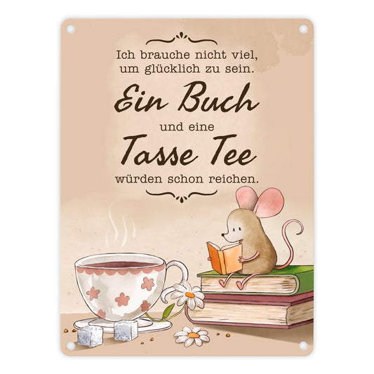 Maus mit Buch Metallschild in 15x20 cm mit Spruch Buch und Tee machen mich glücklich