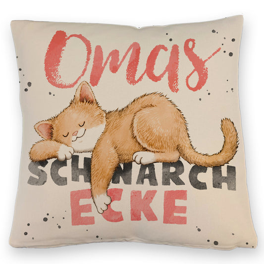 Orange Katze Kissen mit Leinenoptik mit Spruch Omas Schnarchecke