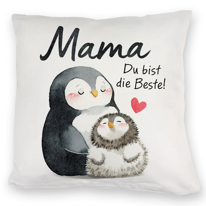 Pinguin Mutter und Kind Kuschelkissen mit Spruch Mama du bist die Beste