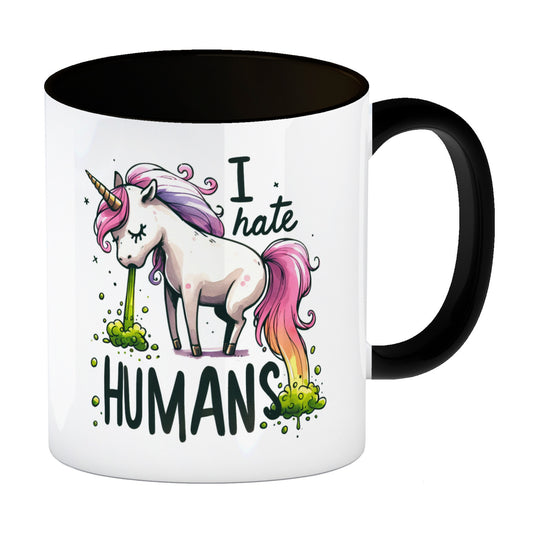 Kotzendes Einhorn Kaffeebecher in schwarz mit Spruch I hate Humans