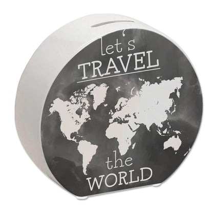 Spardose mit Weltkarten Motiv und Text - let's travel the world in Schwarz