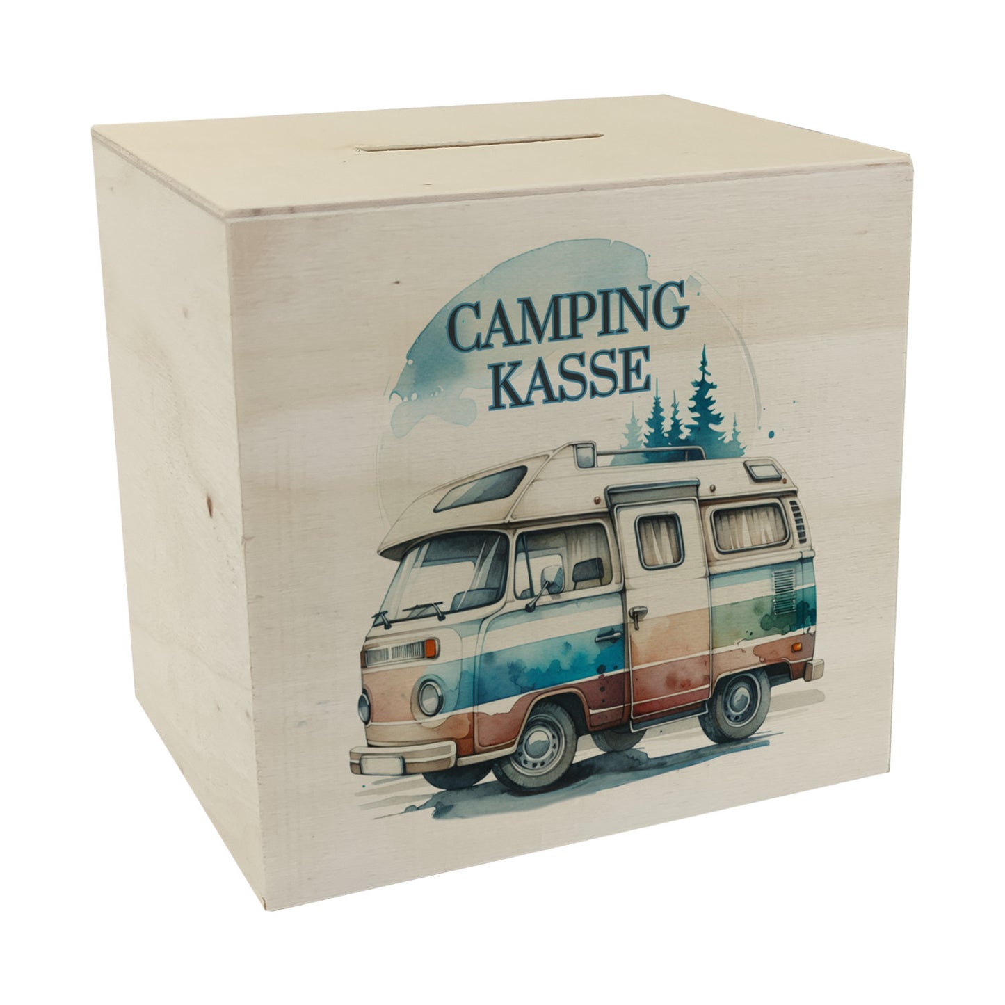 Campingwagen Spardose aus Holz mit Spruch Campingkasse