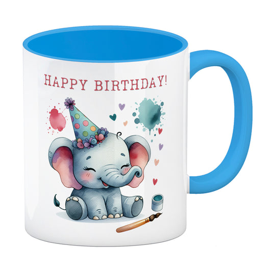 Happy Birthday Elefant Kaffeebecher in hellblau