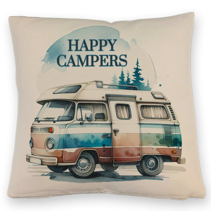 Campingwagen Kissen mit Leinenoptik mit Spruch Happy Campers